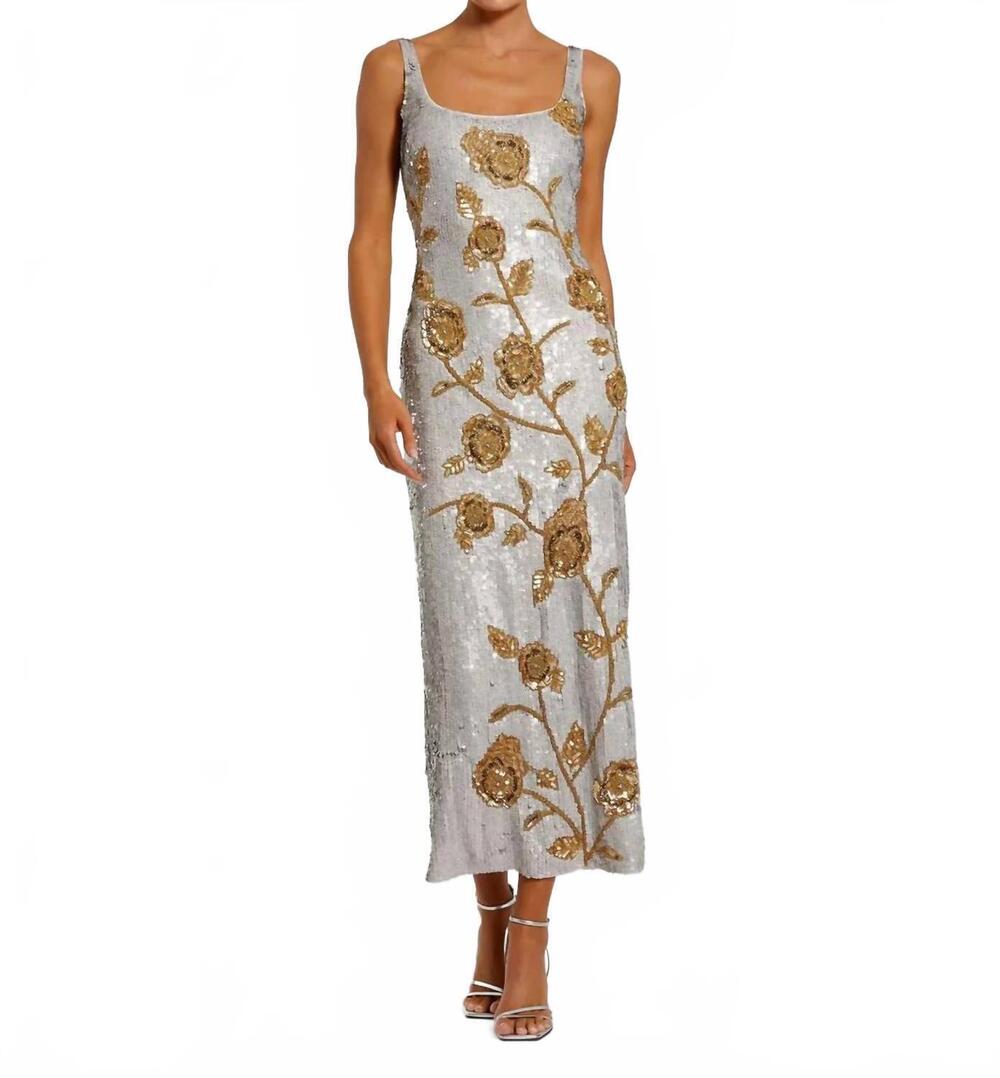 NEW MAC DUGGAL floral midi dress in platinum gold